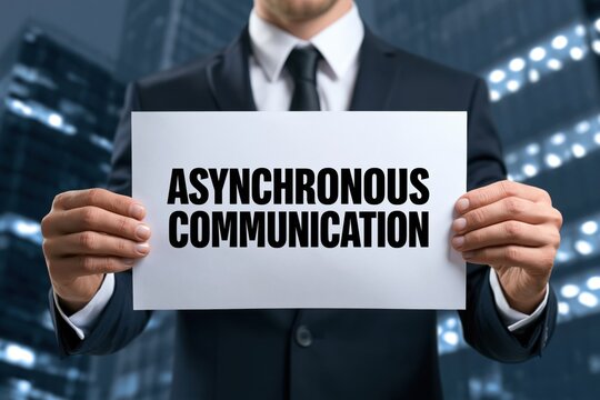 Businessman in suit showing paper with asynchronous communication text