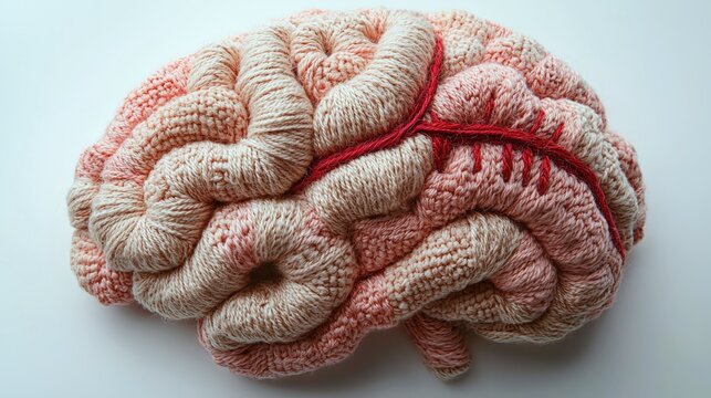 Brain model made of soft wool with a stitch across the frontal lobe