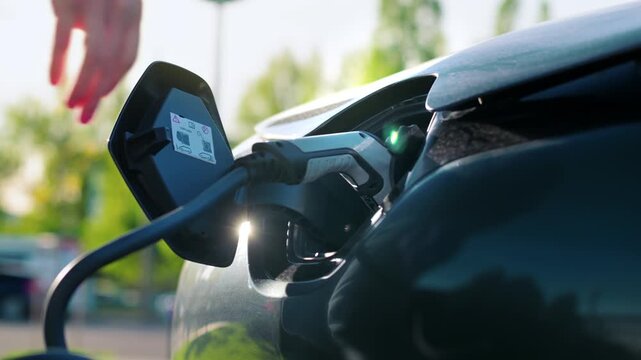 Close up of person plugging electric car into charging station during daytime, sun glare over car body.