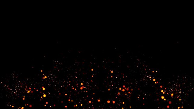 Fire flames with sparkling embers and burning ash particles shooting upward, realistic smoky sparks animation isolated on black screen background seamless stock video in 4k