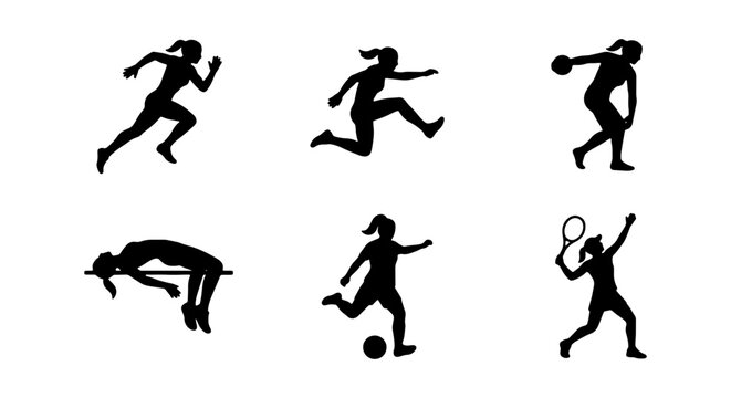Female Athlete Silhouettes: Track, Field, Soccer, Tennis, Shot Put, Hurdles, High Jump