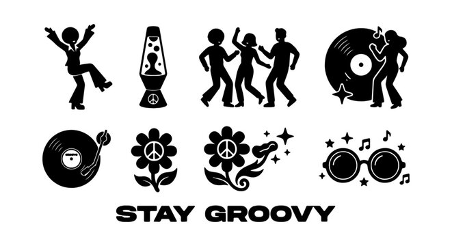 Retro Disco Icons, 70s Groovy People, Lava Lamp, Vinyl Records, Peace Flowers