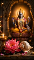 Fototapeta premium Sacred Parama Ekadashi puja setup featuring a lit brass diya, beautiful pink lotus, and conch shell in focus. A beautifully blurred golden statue of Lord Vishnu stands gracefully in the background.