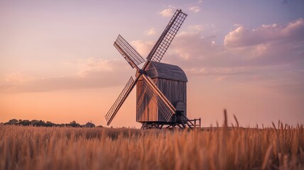 Fototapeta premium Traditional wooden windmill beside a golden wheat field under warm sunset light, featuring rustic rural scenery, detailed textures and a cinematic countryside atmosphere.