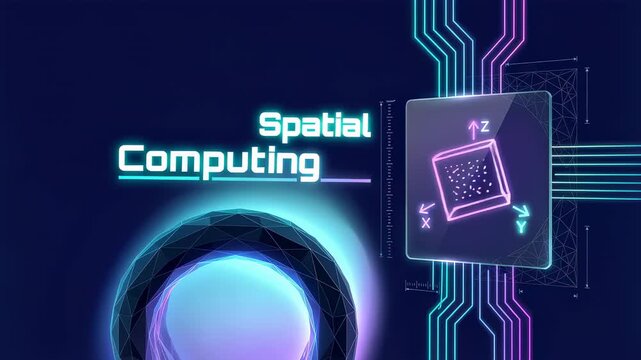 Futuristic animation showing the concept of spatial computing, with a three dimensional cube rotating on an augmented reality interface alongside a circuit board and glowing geometric shape