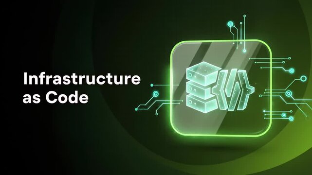 Animated green icon representing infrastructure as code - iac - with server and code symbols on a dark digital background, illustrating the concept of managing and provisioning infrastructure