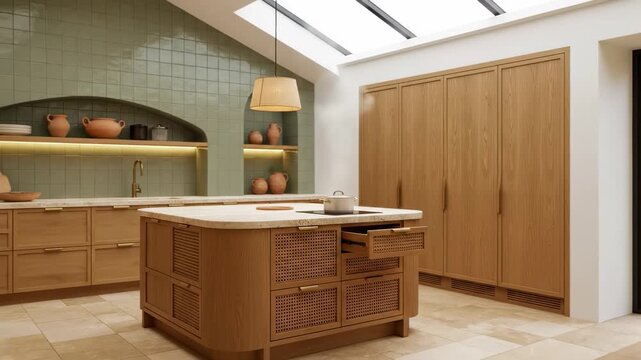Luxurious kitchen interior showcasing a wooden island with a marble top, a steaming pot on the induction hob, rattan drawers, green tiled backsplash, and large skylight providing natural light