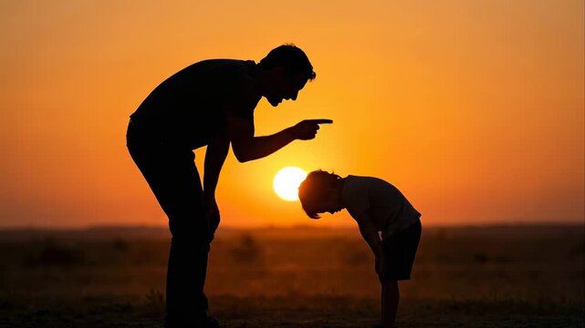 Silhouette of an angry father scolding his guilty son outdoors at sunset, the upset boy lowering his head in shame as the man points his finger and yells, representing punishment and discipline