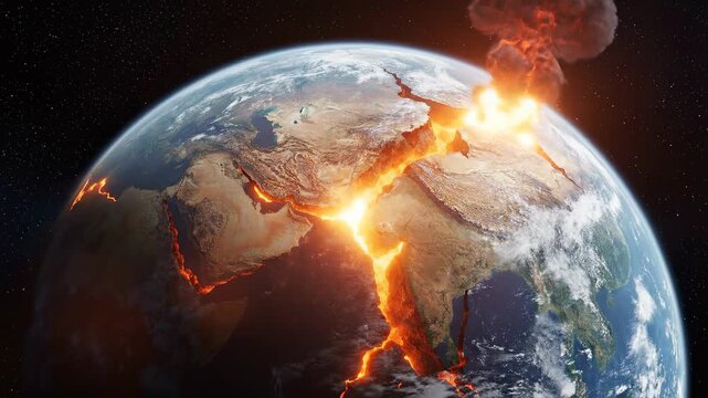 Devastating apocalyptic vision of planet earth from space, showing the middle east and asia cracking open with lava fissures, leading to a catastrophic series of fiery, global explosions