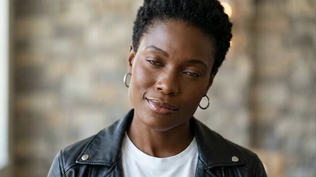 Portrait of a beautiful and stylish african american woman with short hair and hazel eyes smiling at the camera. Millennial person showing confidence, empowerment, and authentic natural beauty