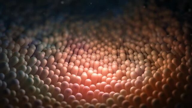 Medical animation showing a detailed cross section of moving intestinal villi, illustrating the microvilli structure within the gut for nutrient absorption and digestive system processes