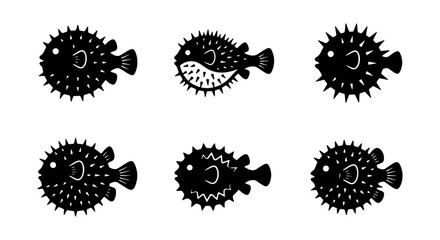 Pufferfish Vector Icons Set, Spiky Marine Life Illustrations, Underwater Creatures Graphics © Sumon