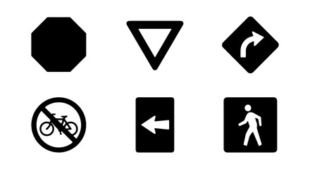 Road Signs Vector Icons: Stop, Yield, Turn, No Bike, Left Arrow, Pedestrian Crossing © Sumon