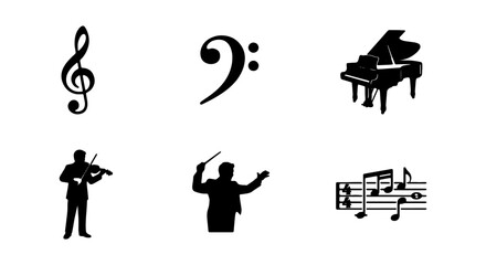 Musical Icons Set: Treble Clef, Bass Clef, Piano, Violinist, Conductor, Notes © Sumon