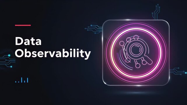 Futuristic data observability concept with a glowing neon magnifying glass icon symbolizing system monitoring, analytics, and infrastructure health, set against a dark, technical background