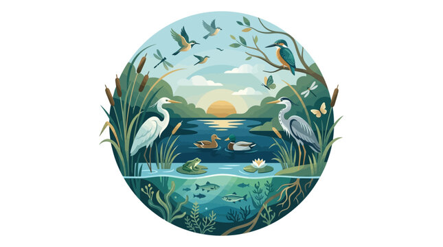 White heron standing in a wetland pond with cattails and wildlife