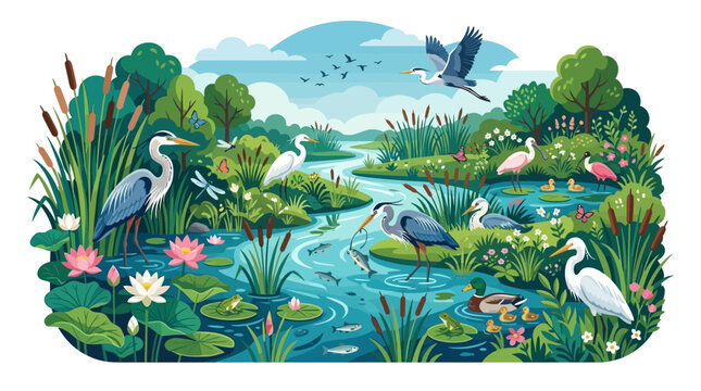 Great blue heron and egret birds in a peaceful pond landscape vector