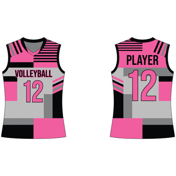 Pink and grey volleyball jersey uniform design template with volleyball