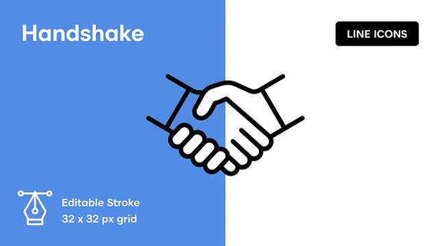 A handshake illustration represents business partnership in a graphic design.