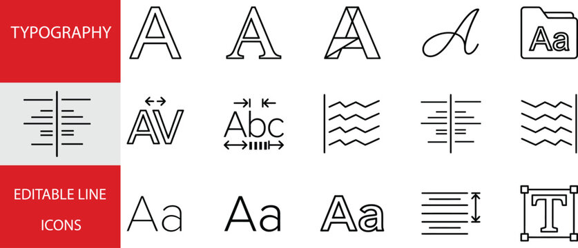 Set of typography and text formatting icons, including font styles, alignment, spacing, and text box tools