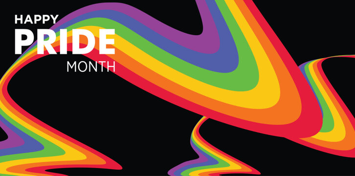 PRIDE month banner parades text isolated, Rainbow or Pride Flag. Pride Rainbow Flag Wave Design Element, Celebrates pride ribbon roll make inclusive progress pride, Vector illustration