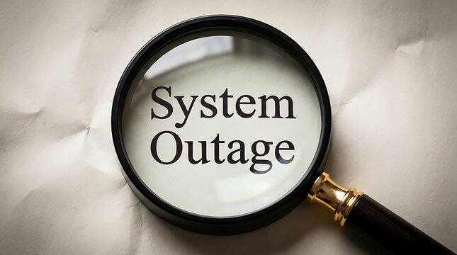 Magnifying glass over paper with text system outage highlighting problem or error in technology, network failure, service interruption or business disruption.