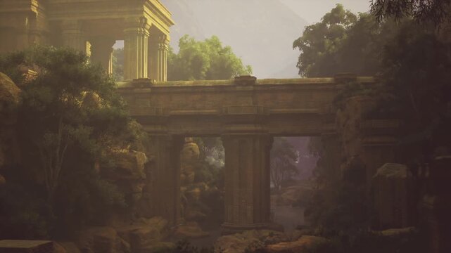 Twilight archway reveals weathered temple entrance, sandstone decay draped in vines, long shadows and cool dusk tones, ideal for mystery and pilgrimage