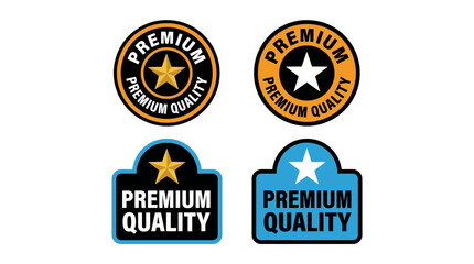 Fototapeta premium Four premium quality badge designs featuring stars, circular and rectangular shapes, bold typography, black, gold, blue, and white color schemes.
