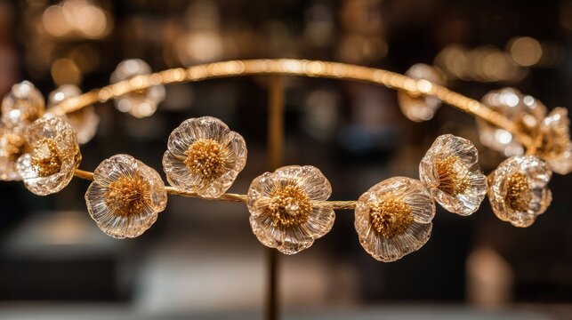 Delicate golden circlet adorned with intricately detailed glass flowers rests on display