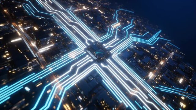 Cinematic Low Angle Orbit Around Futuristic Digital City With Glowing Blue Circuit Lines, Motion Graphics Background for Technology and AI Concepts in Full HD
