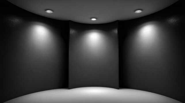 Curved interior space illuminated by three ceiling mounted spotlights creating dramatic effect