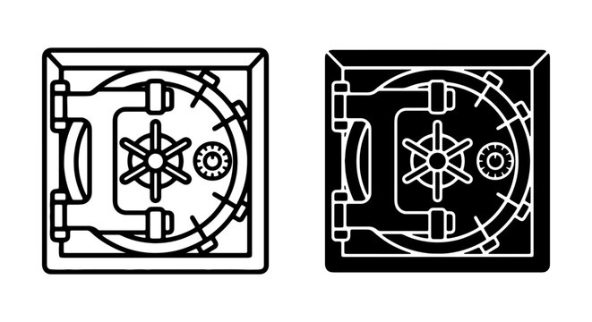 Bank Vault Icon Set, Strongbox Security Symbol, Financial Safety, Black and White Vector