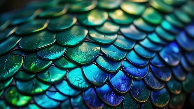 Seamless Loop of Shimmering Iridescent Dragon Scales with Ethereal Emerald Green and Deep Blue Light, Macro Full HD Motion Background Texture