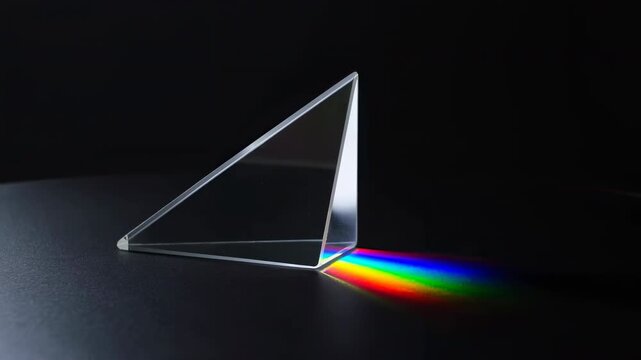 Glass prism casting a vivid rainbow spectrum on a dark surface