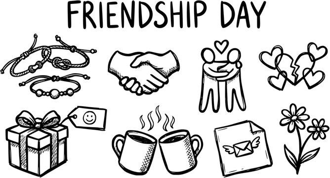 Hand-Drawn Friendship Day Black and White Line Art Icon Set. Doodle Style Collection Featuring Friendship Bands, Hugs, Hearts, Gifts  Social Connection Symbols.