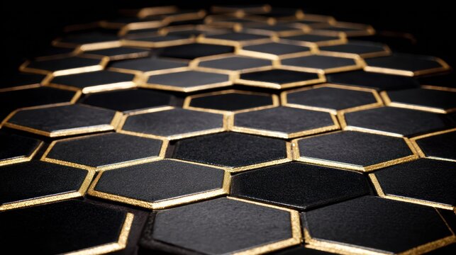 Repeating pattern of dark, textured hexagonal shapes outlined with brilliant gold trim