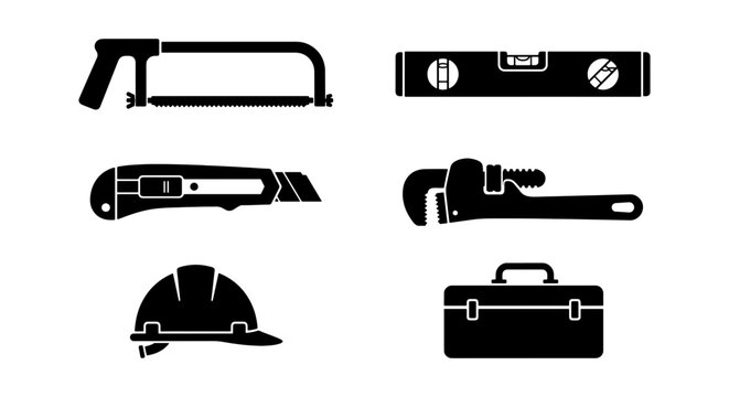 Construction Tools Vector Icons Set: Safety Helmet, Hacksaw, Level, Cutter, Wrench, Toolbox
