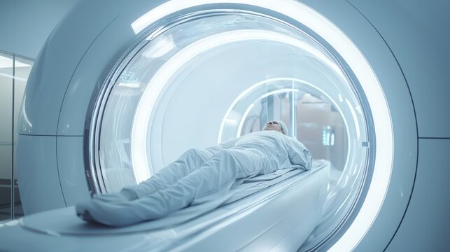 Patient undergoing PET scan inside a futuristic hospital scanner