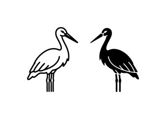 Fototapeta premium Elegant Stork Icons, Black and White Bird Silhouettes, Minimalist Crane Vector Art