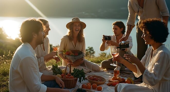 Friends having picnic by lake at sunset