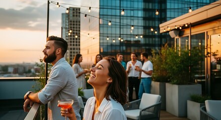 Fototapeta premium Group of professionals networking at rooftop bar during sunset with city skyline