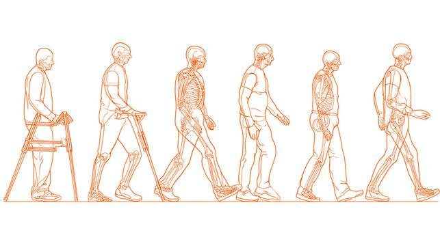Illustration of Human Walking Progression from Seated Position to Upright Walking in Dynamic Motion