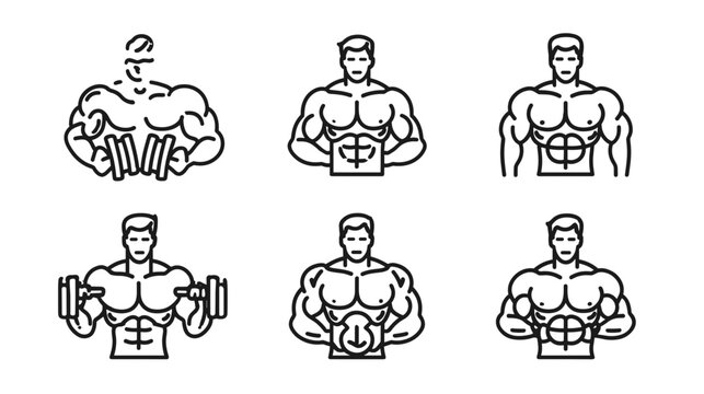 Illustration of Male Bodybuilder in Various Poses Demonstrating Strength Training Methods