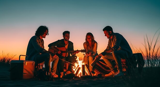 Group of friends enjoying campfire together at sunset on beach with warm glow