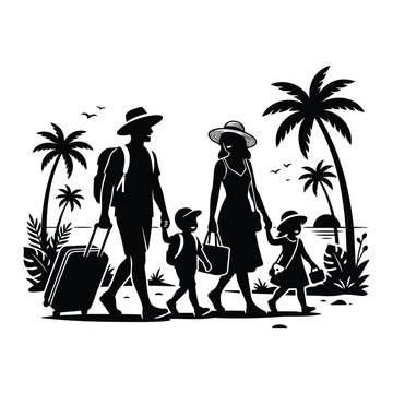 Family travel silhouette with father mother and children walking on beach during vacation