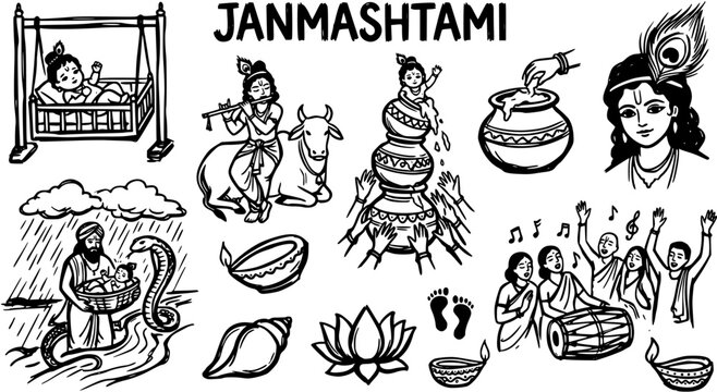 Black and White Line Art Janmashtami Festival Icons Set. Hand-drawn Lord Krishna, Dahi Handi, Hindu Celebration Symbols and Traditions. Indian Spirituality Sketch.