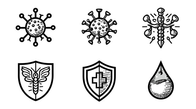 Illustration of Virus, Bacteria, Shields, and Drops Representing Infection and Health Protection