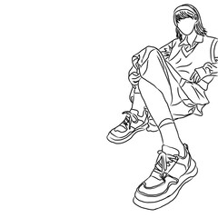 Obraz premium Fashion line art of young woman sitting in casual preppy outfit &nbsp; 