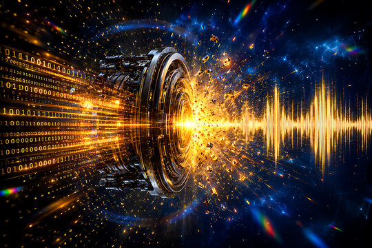 digital data stream with cosmic backdrop binary code