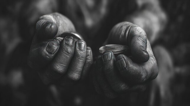Close up of weathered hands holding objects in monochrome photography